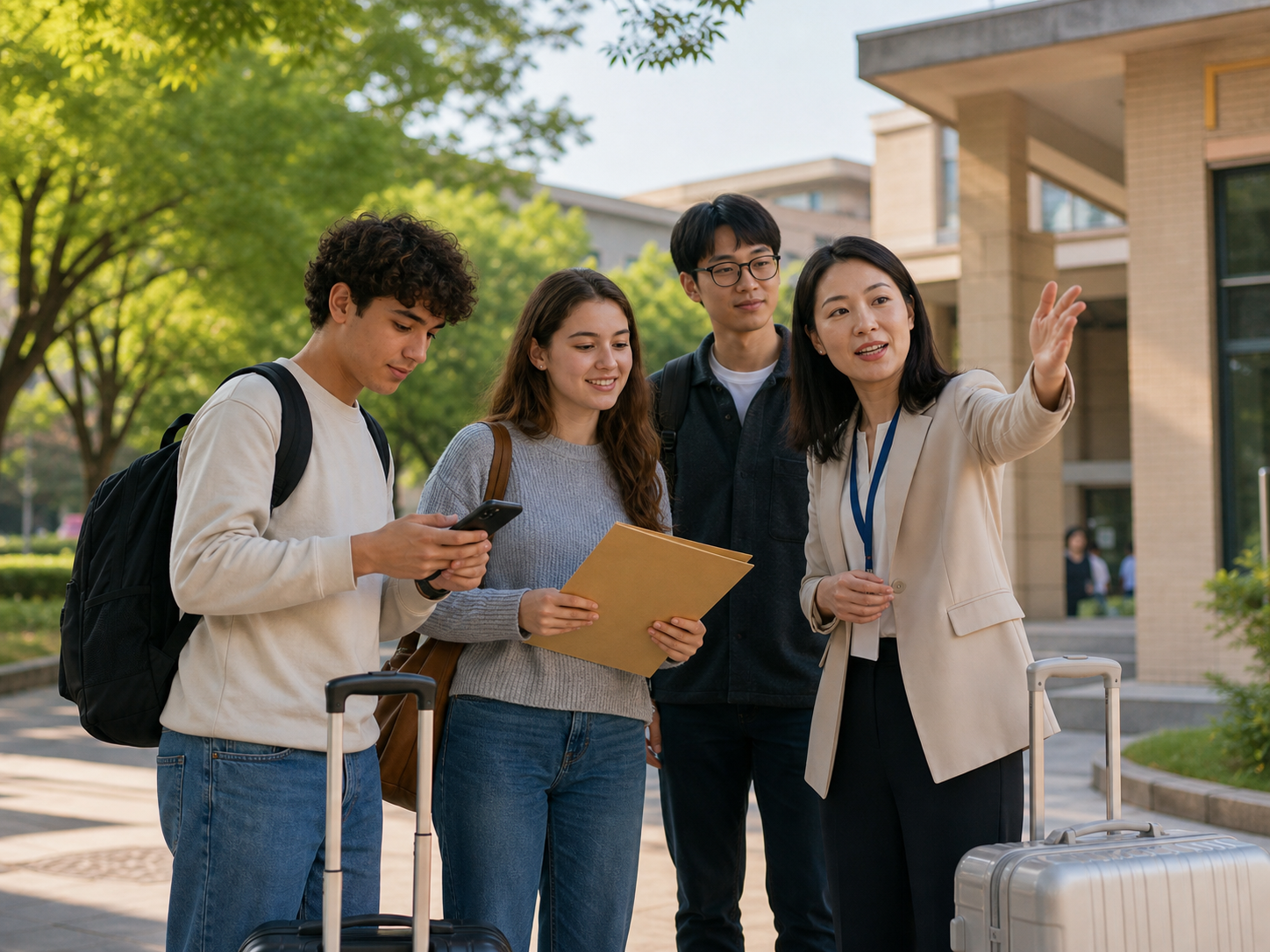 An international student receiving arrival support on a Chinese university campus
