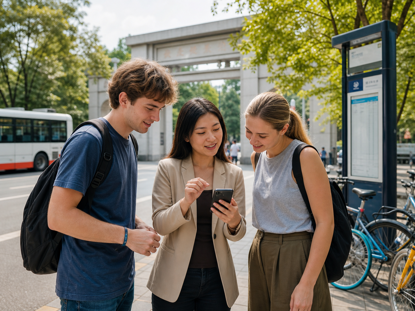 Advisor helping students check campus access in Chengdu