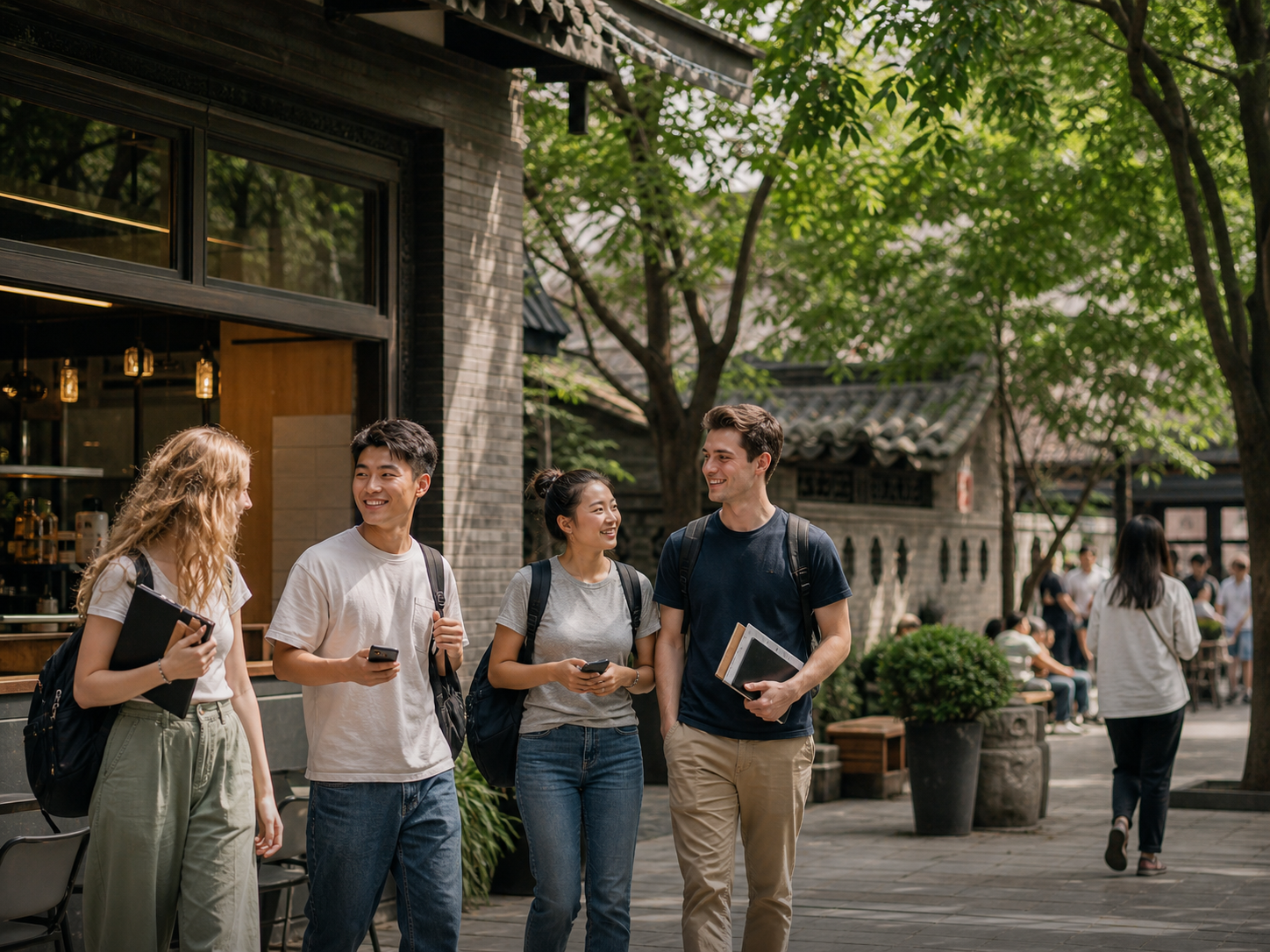 International students walking through a Chengdu neighborhood