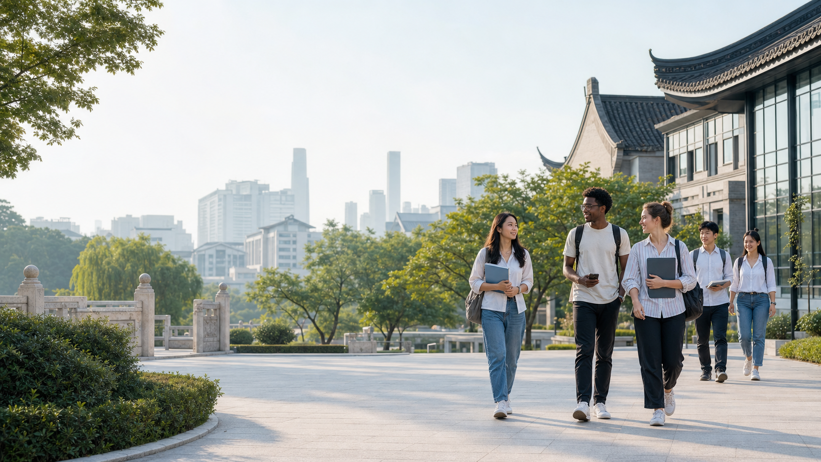 Global students walking together in a beautiful Chinese city