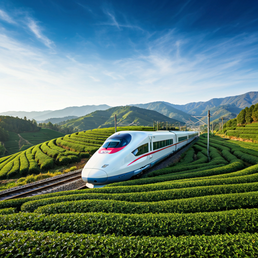 High-speed train moving through tea fields in China.