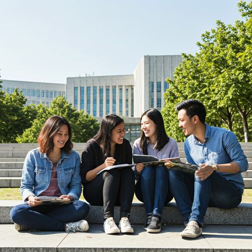 International students sitting together on a sunny campus lawn.