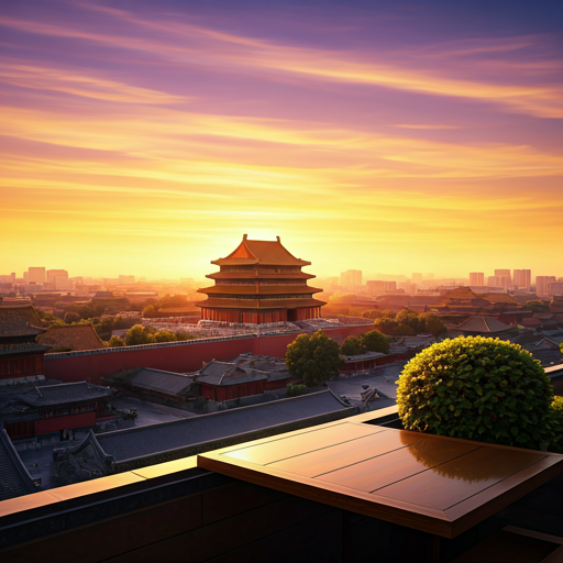 Modern rooftop cafe in Beijing overlooking the Forbidden City at sunset.