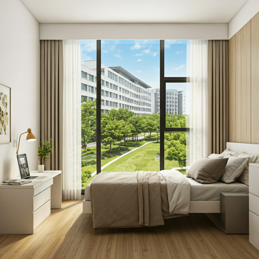 Modern student dormitory room in a Chinese university.